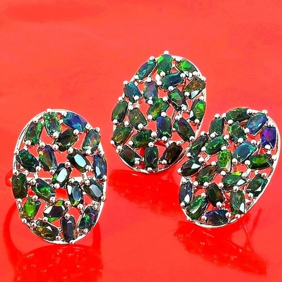 925 Sterling Silver Set, Earrings & Ring Sz 7.5 with Natural Black Opal - Picture 1 of 15